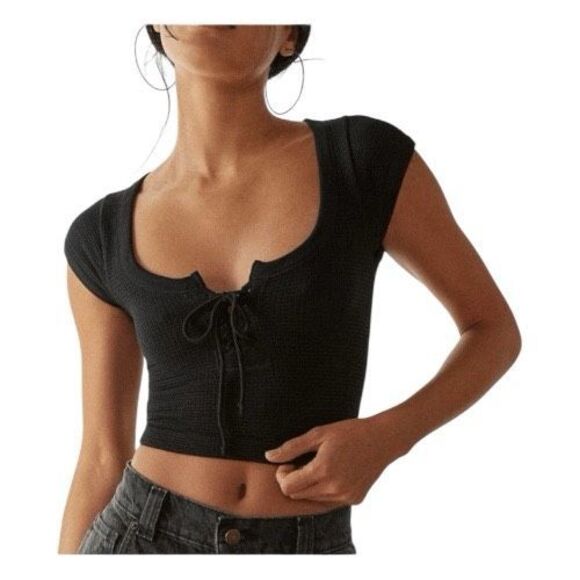 Out From Under Knockout Seamless Lace-Up T-Shirt Black Waffle Knit M - Picture 1 of 11